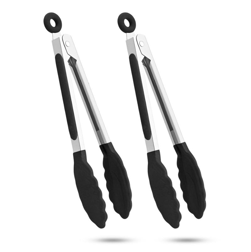 2Pack of 9 Small  12 Large Kitchen Tongs Set NonStick SiliconeStainless Steel Cooking Tongs BPA Free Heat Resistant 480F  NonSlip Grip  Locking Metal Food Tongs Black