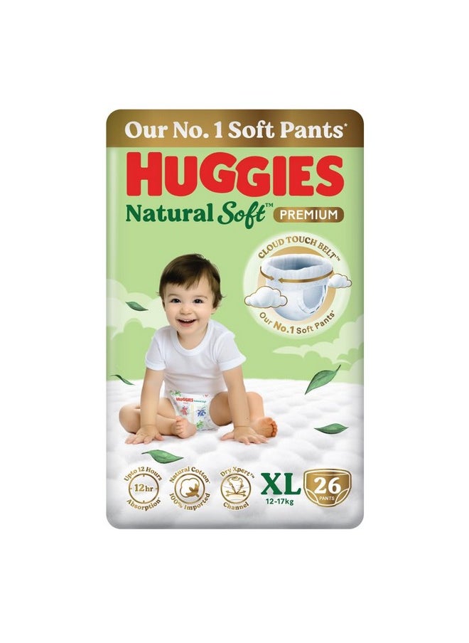 Huggies Huggies Natural Soft Premium Baby Diaper Pants, Our No.1 Soft Pants, Extra Large (XL) Size (12-17 Kgs), Pack of 26 diapers | Cloud Softness All over with India's 1st Cloud Touch Belt  - Image 1