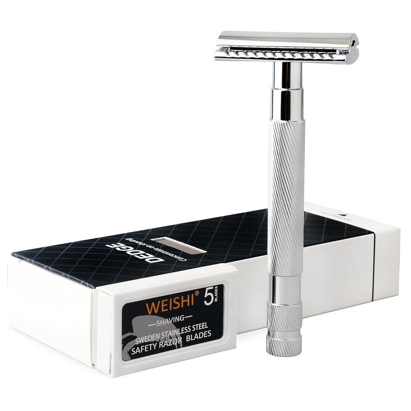 DEDGE DEDGE Classic Double Edge Safety Razor Single Blade Weighted Design Razor for Men Reusable Razor with 5 Premium Razor Blades Chrome 