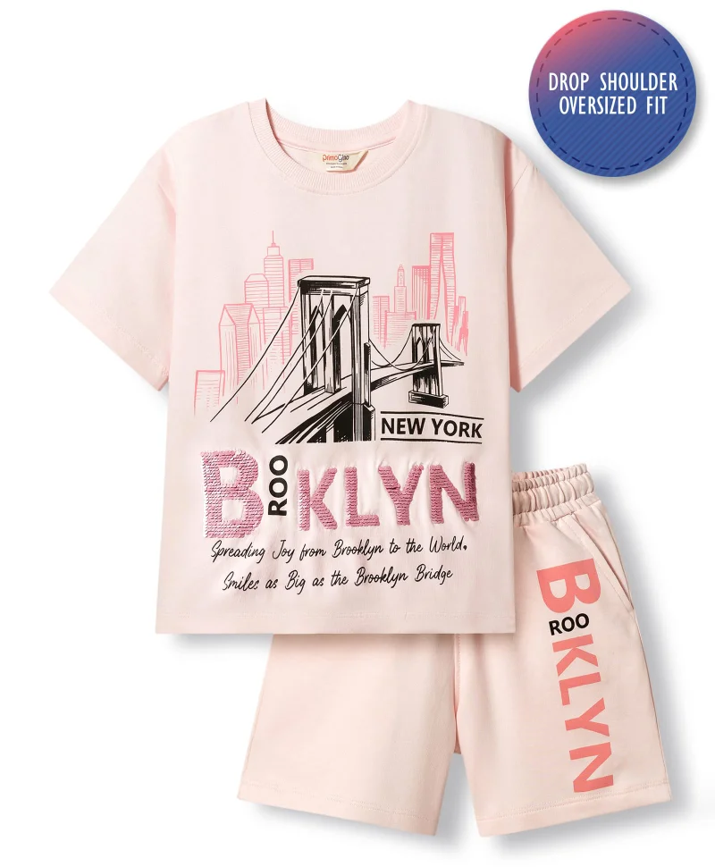 Primo Gino Primo Gino 100% Cotton French Terry Oversized T-Shirt & Shorts Set with Sequin Embroidery and Text Print - Light Pink
