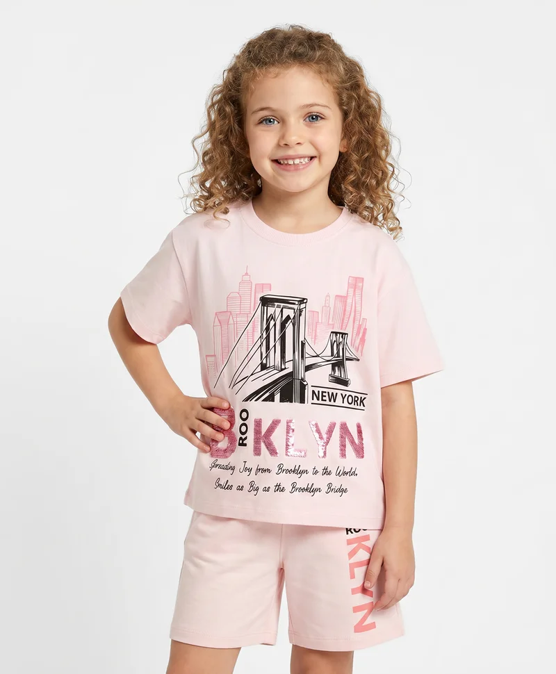 Primo Gino Primo Gino 100% Cotton French Terry Oversized T-Shirt & Shorts Set with Sequin Embroidery and Text Print - Light Pink