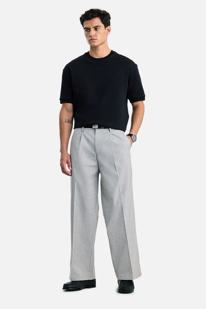 SNITCH Grey Textured Loose Fit Casual Trousers