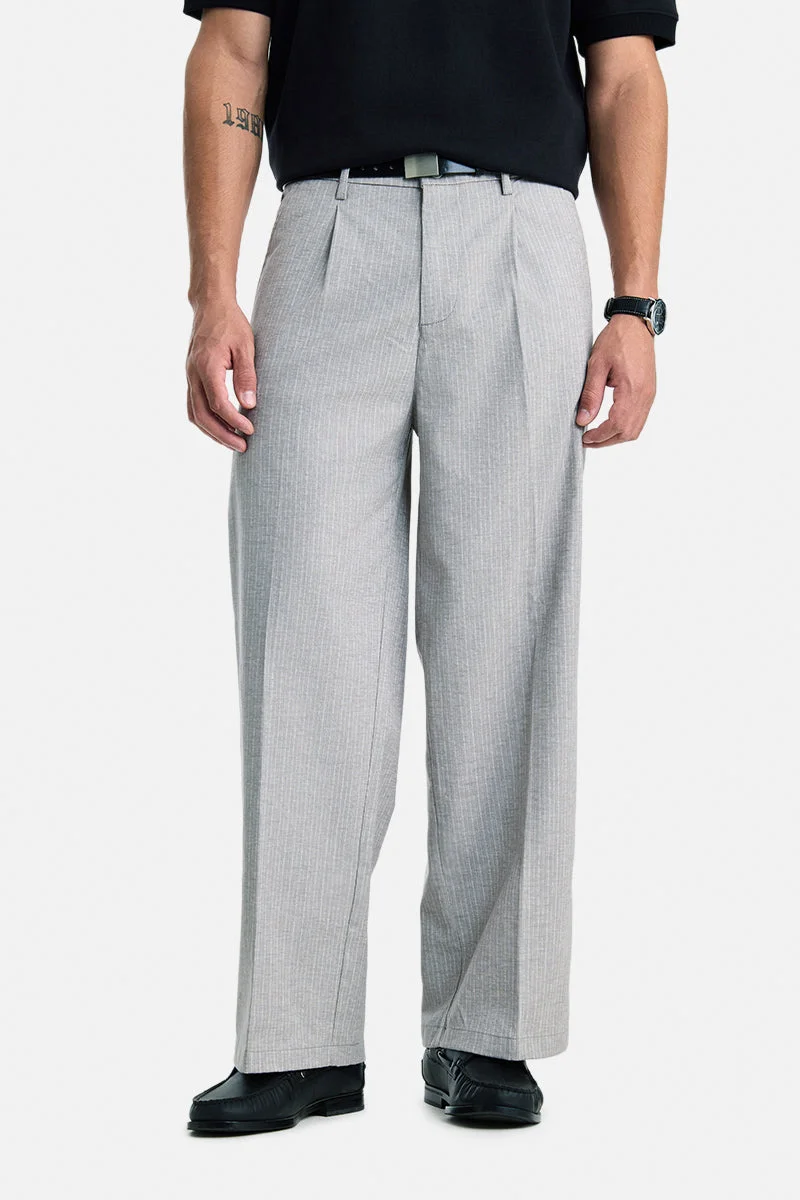 SNITCH Grey Textured Loose Fit Casual Trousers