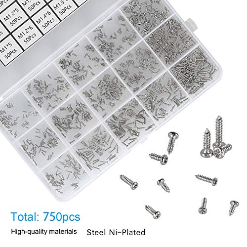 HanTof 750pcs Silver Tiny Screws for Electronics, M1, M1.2, M1.4, M1.5, M1.7 Very Small Phillips Pan Head Self Tapping Screws, Micro Wood Screws, Mini Electronic Screws Assortment Kit-Carbon Steel - Image 2