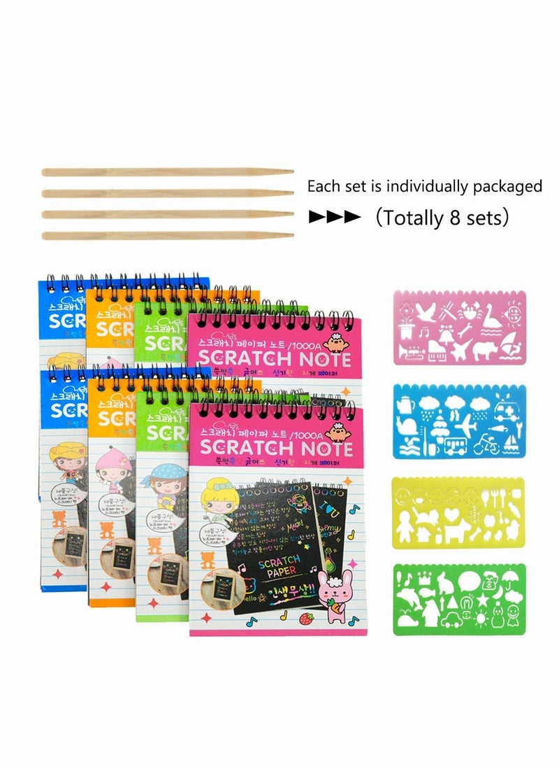 Generic - 8 Pack Scratch Notebooks, Rainbow Scratch Note Combo Art Set, Magic Scratch Painting & Sketch Art Notes Drawing Notepads for Kids - Includes Drawing Stencil and Wooden Stylu with Each Note - Image 1
