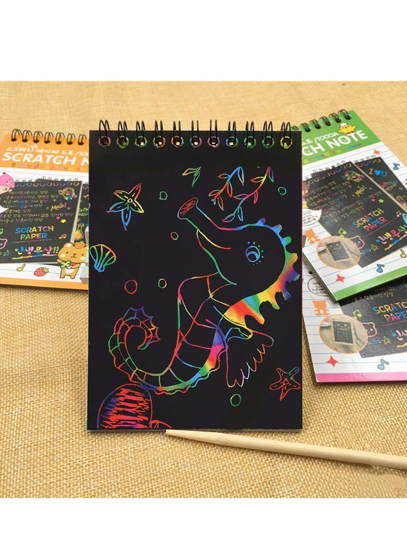 Generic - 8 Pack Scratch Notebooks, Rainbow Scratch Note Combo Art Set, Magic Scratch Painting & Sketch Art Notes Drawing Notepads for Kids - Includes Drawing Stencil and Wooden Stylu with Each Note - Image 1