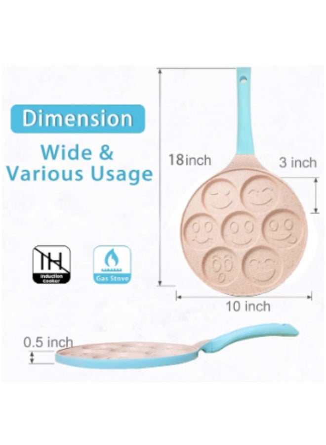 وعاء الفطائر غير اللاصق ، 7 Smiley Face Pancake Griddle ، ناعم لمس مقبض فطور ممتع للأطفال ، 10.2 في وعاء الكريب لمواقد الغاز (اللون الأزرق) - Image 2