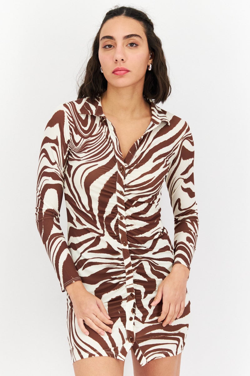NEW LOOK Women Zebra Print Mini Casual Dress, Beige - Image 1