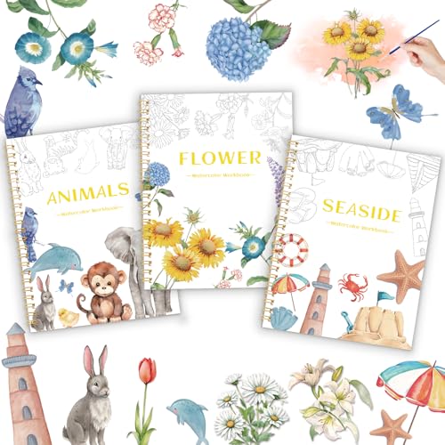 Cbcmpica 3Pcs Watercolor Workbook - Coloring Book for Beginner, Coloring Books for Adults with Step by Step,3 Essential Adult Coloring Book Themes, Exploration Gift for Adults Teens - Image 1