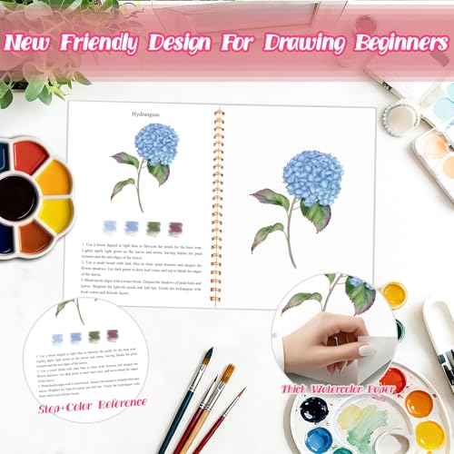 Cbcmpica 3Pcs Watercolor Workbook - Coloring Book for Beginner, Coloring Books for Adults with Step by Step,3 Essential Adult Coloring Book Themes, Exploration Gift for Adults Teens - Image 3