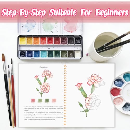 Cbcmpica 3Pcs Watercolor Workbook - Coloring Book for Beginner, Coloring Books for Adults with Step by Step,3 Essential Adult Coloring Book Themes, Exploration Gift for Adults Teens - Image 2