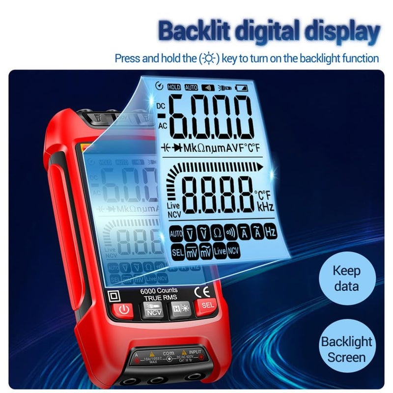 Digital Multimeter Voltage Tester Backlit LCD NCV AC DC Resistance Frequency Temperature Flashlight Data Hold Auto Shutdown Red - Image 4