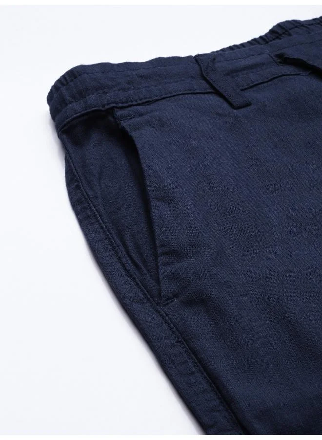 The Indian Garage Co Dress Blue Men Slim Fit Casual Solid Regular Linen Trousers