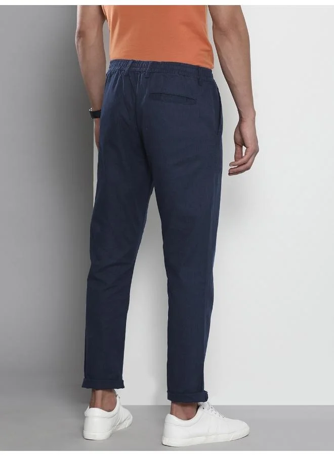 The Indian Garage Co Dress Blue Men Slim Fit Casual Solid Regular Linen Trousers