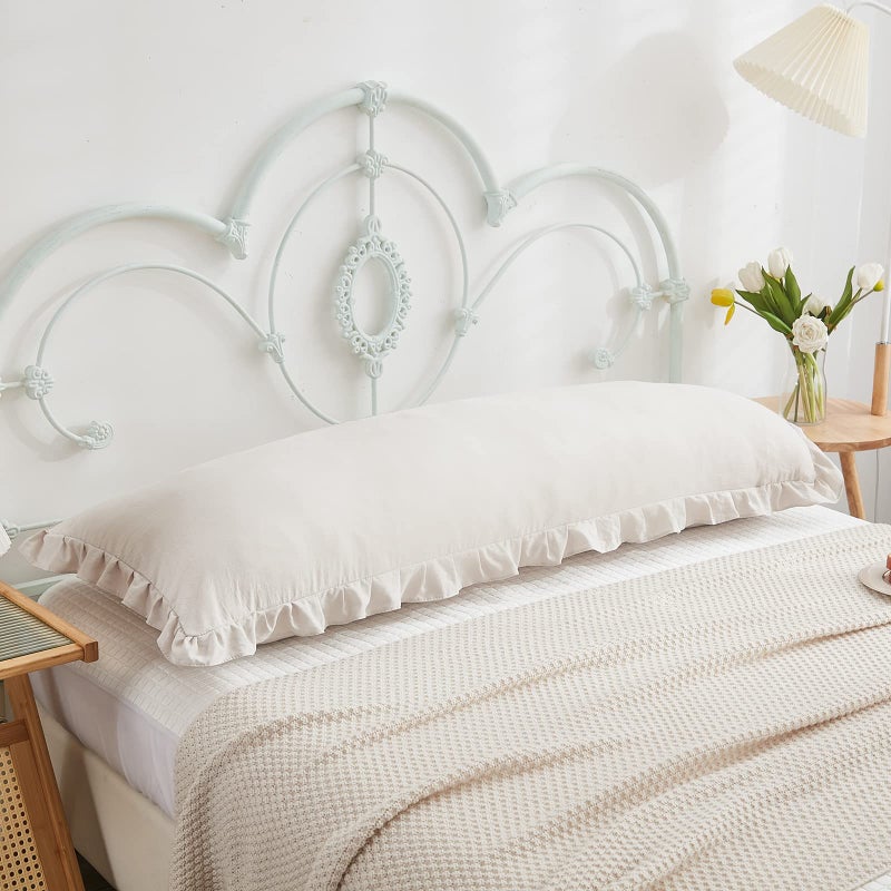 Merryword Beige Grey Body Pillow Cover 20x54inches Long Pillowcase Ruffled Pillowcases Shabby Chic Ruffled Fringe Decor Cute Body Ruffled Pillow Sham - Image 3