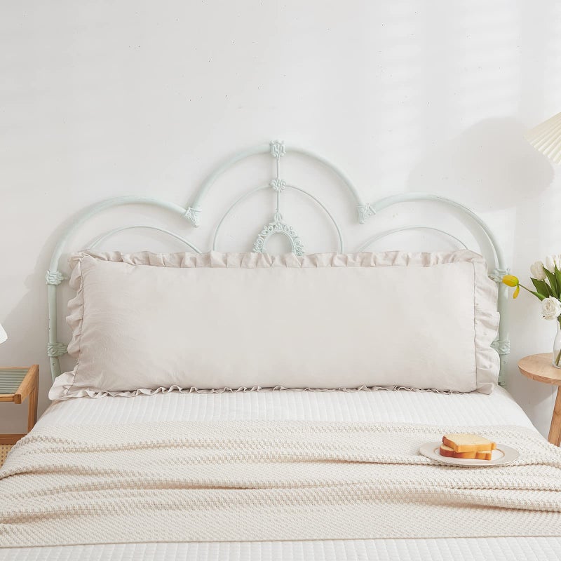 Merryword Beige Grey Body Pillow Cover 20x54inches Long Pillowcase Ruffled Pillowcases Shabby Chic Ruffled Fringe Decor Cute Body Ruffled Pillow Sham - Image 2