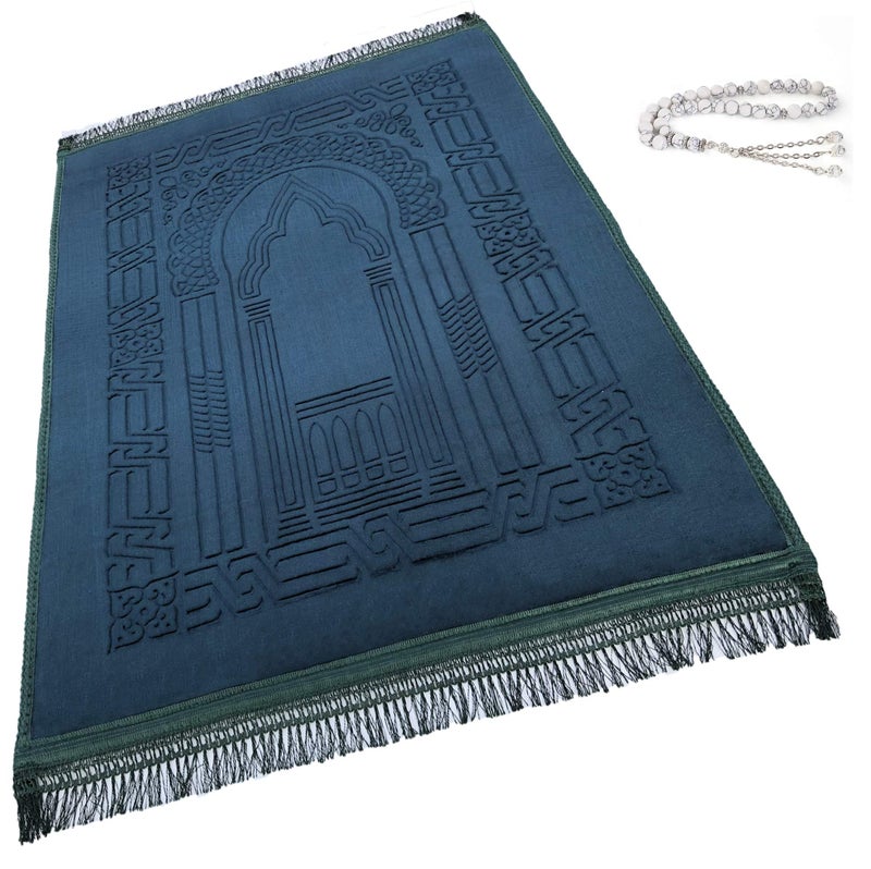 Islamika Prayer Rug Muslim Mat Islamic  Thick Large Padded Sajadah for Kids Men Women with Islam Prayer Beads for Eid Travel Ramadan Soft Luxury Great for Knees and ForeheadGreen