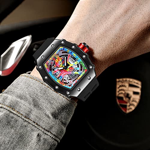 PINTIME ساعة يد رياضية فاخرة للرجال بتصميم تونيو هالو بنمط جرافيتي فني مع حركة يابانية وتصميم مضيء مع حزام مطاطي - Image 4
