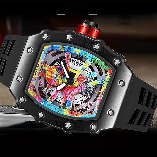 PINTIME ساعة يد رياضية فاخرة للرجال بتصميم تونيو هالو بنمط جرافيتي فني مع حركة يابانية وتصميم مضيء مع حزام مطاطي - Image 3