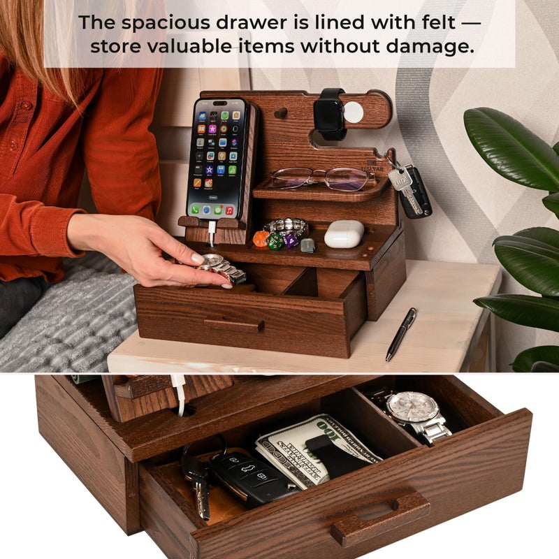 TESLYAR Wood Phone Docking Station with Drawer - Nightstand Organizer - Desk Organizer for Husband - Birthday Gifts for Men, Dad, Anniversary Idea, Key Holder Stand Watch & Accessories (Bourbon Brown) - Image 2
