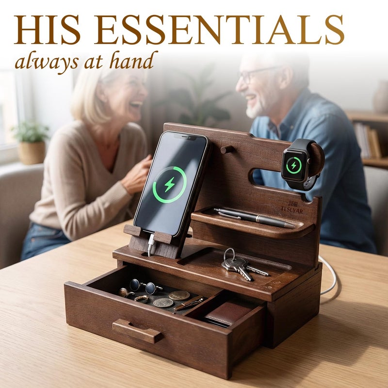 TESLYAR Wood Phone Docking Station with Drawer - Nightstand Organizer - Desk Organizer for Husband - Birthday Gifts for Men, Dad, Anniversary Idea, Key Holder Stand Watch & Accessories (Bourbon Brown) - Image 4