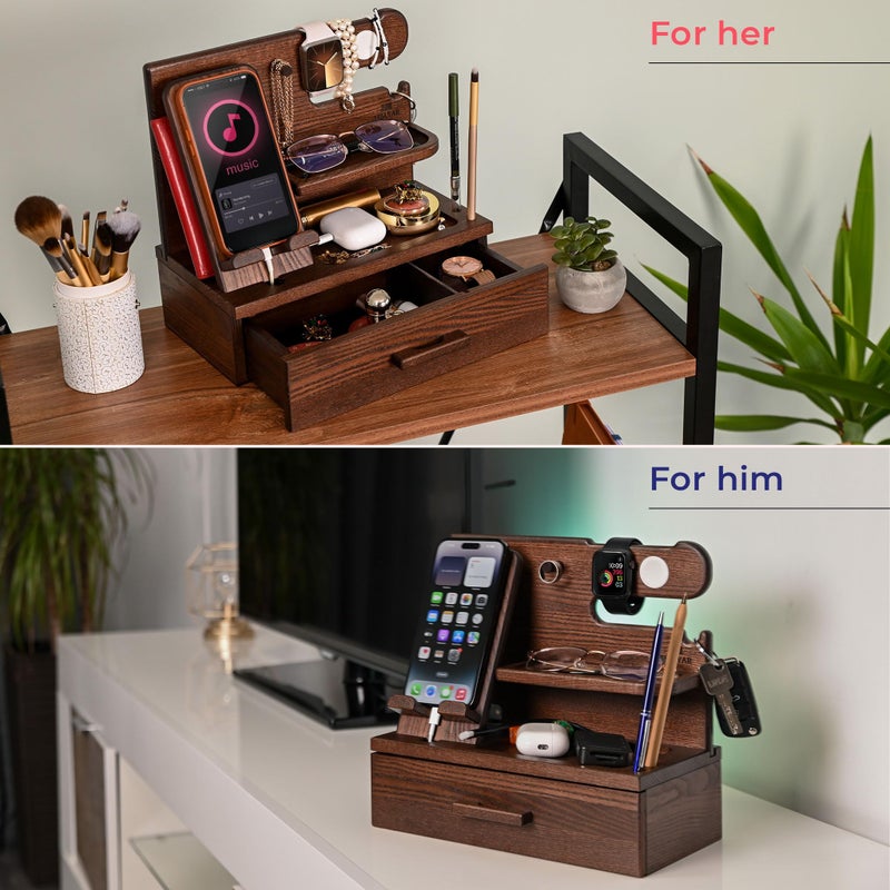 TESLYAR Wood Phone Docking Station with Drawer - Nightstand Organizer - Desk Organizer for Husband - Birthday Gifts for Men, Dad, Anniversary Idea, Key Holder Stand Watch & Accessories (Bourbon Brown) - Image 5