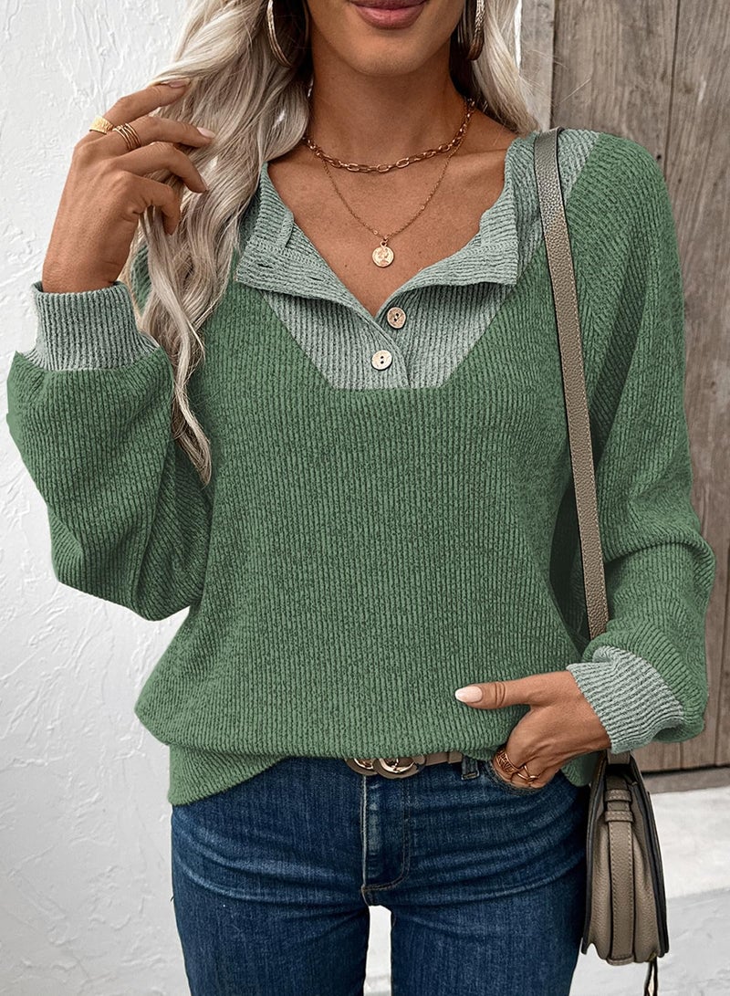 EVALESS Womens Long Sleeve Shirts Spring Fashion 2026 Patchwork Button Up V Neck Plus Size Sweatshirt Casual Trendy Pullover Teacher Outfits Tops Mist Green XX-Large - Image 3
