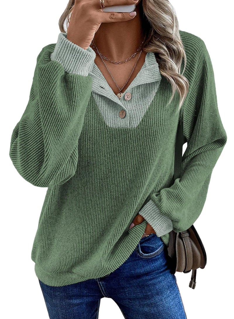 EVALESS Womens Long Sleeve Shirts Spring Fashion 2026 Patchwork Button Up V Neck Plus Size Sweatshirt Casual Trendy Pullover Teacher Outfits Tops Mist Green XX-Large - Image 1