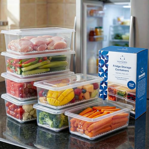 HomeWiz Fridge Storage Containers (Pack of 6) 1500ML Each | With Lids & Removable Drain Plate | Stackable Fridge Organizer for Fruits & Vegetables | Storage Box, Kitchen Accessories Items - Image 1