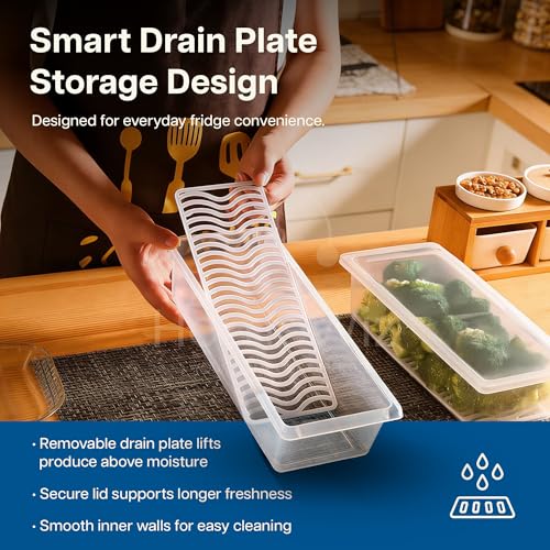 HomeWiz Fridge Storage Containers (Pack of 6) 1500ML Each | With Lids & Removable Drain Plate | Stackable Fridge Organizer for Fruits & Vegetables | Storage Box, Kitchen Accessories Items - Image 2