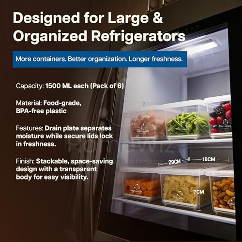 HomeWiz Fridge Storage Containers (Pack of 6) 1500ML Each | With Lids & Removable Drain Plate | Stackable Fridge Organizer for Fruits & Vegetables | Storage Box, Kitchen Accessories Items - Image 3