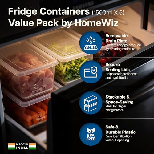 HomeWiz Fridge Storage Containers (Pack of 6) 1500ML Each | With Lids & Removable Drain Plate | Stackable Fridge Organizer for Fruits & Vegetables | Storage Box, Kitchen Accessories Items - Image 5
