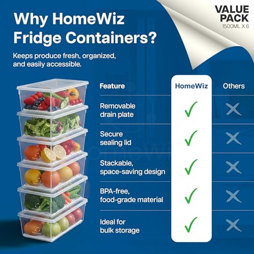 HomeWiz Fridge Storage Containers (Pack of 6) 1500ML Each | With Lids & Removable Drain Plate | Stackable Fridge Organizer for Fruits & Vegetables | Storage Box, Kitchen Accessories Items - Image 4