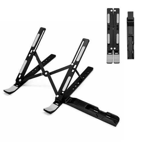 TARKAN 2 in 1 Portable & Foldable Aluminium Laptop Stand + Mobile Stand with Adjustable Height & Angle for Upto 15 Inch Laptops, MacBook, Phones (Black) - Image 1
