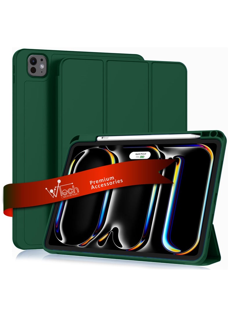 Wtech Apple iPad Pro 13 5G 2025 (7th Gen) 13 inch Smart Flip Auto Awake/Auto Sleep Leather Texture with Pen Holder Case Cover - Dark Green - Image 1