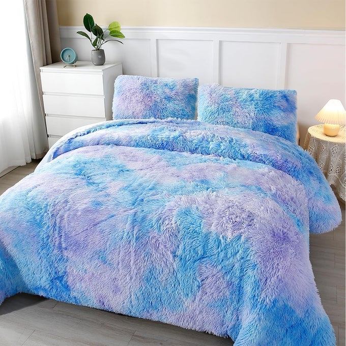 3 PCS BLUE PLUSH SHAGGY COMFORTER QUEEN SIZE TIE DYE LONG FAUX FUR RAINBOW BEDDING SET FOR GIRLS ULTRA SOFT WARM FLUFFY FURRY BED SETSBLUE QUEEN