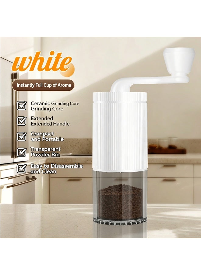 White Manual Coffee Grinder with Ceramic Burr, Adjustable Grind Settings, Portable Hand Coffee Bean Grinder with Transparent Powder Hopper for Home, Office, Travel - Image 1