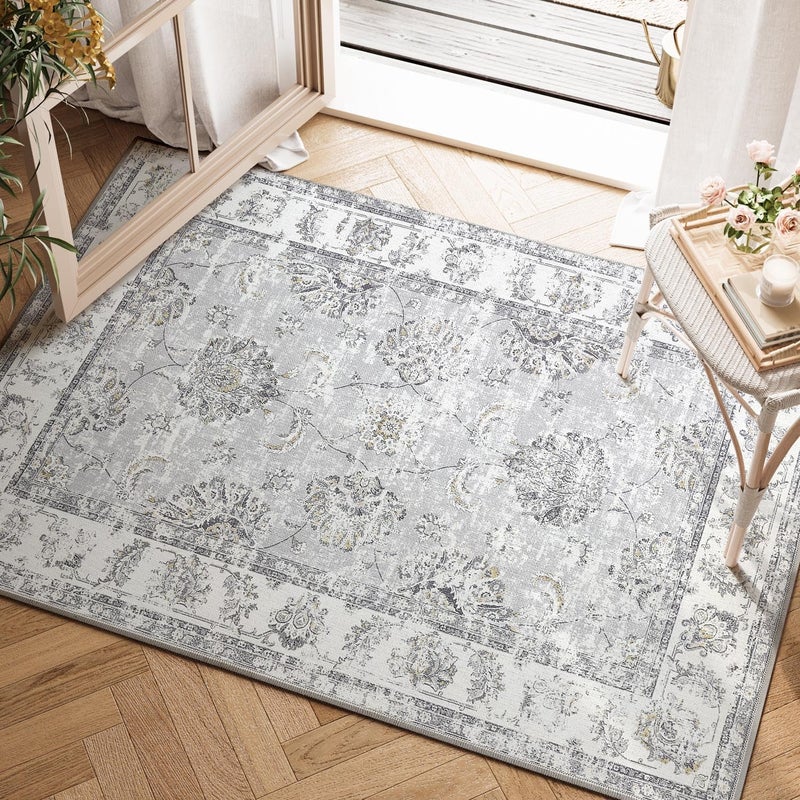 jinchan Fiora Floral 61x91CM Rugs for Entryway Vintage Washable Small Non-Slip Distressed Indoor Doormat Ultra-Thin Low-Pile Accent Rug for Entrance Kitchen Bedroom Bathroom - Image 1