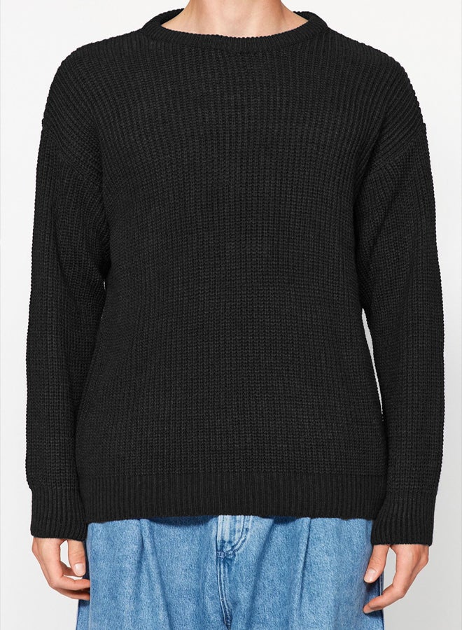 trendyol Black Oversize Couple/Double Crew Neck Plain Knitwear Sweater - Image 5