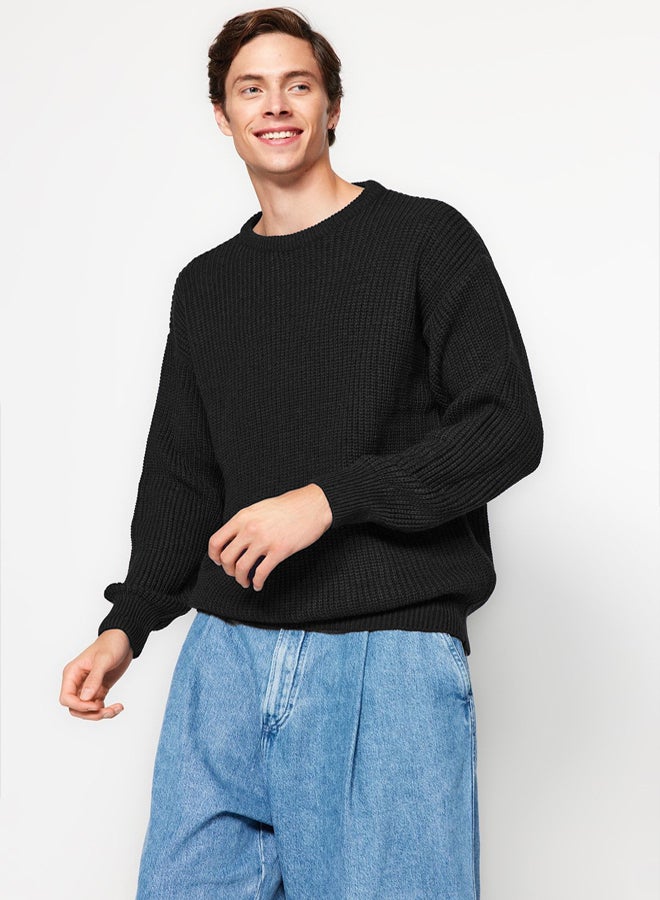 trendyol Black Oversize Couple/Double Crew Neck Plain Knitwear Sweater - Image 4