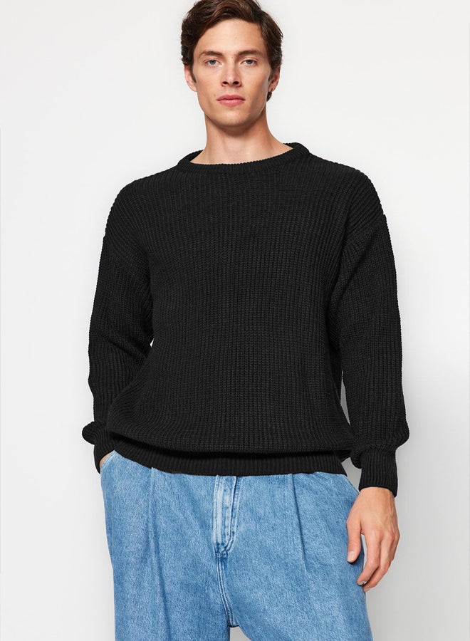 trendyol Black Oversize Couple/Double Crew Neck Plain Knitwear Sweater - Image 3