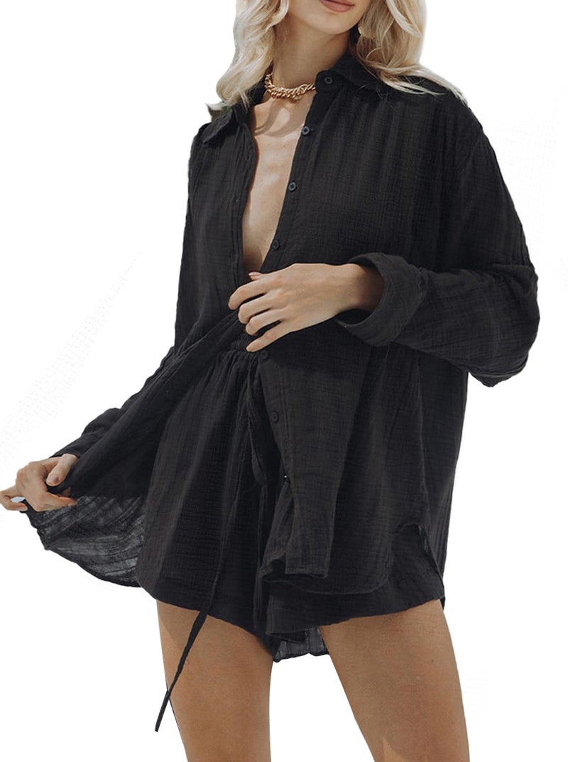 Fixmatti Womens Casual 2 Piece Outfit Set Oversized Sweatsuit Long Sleeve Shirt High Waisted Mini Shorts Black M - Image 1