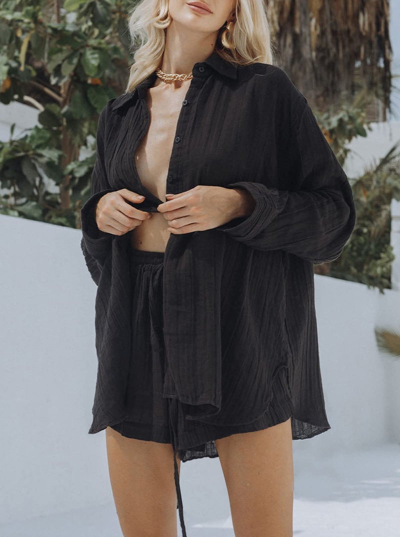 Fixmatti Womens Casual 2 Piece Outfit Set Oversized Sweatsuit Long Sleeve Shirt High Waisted Mini Shorts Black M - Image 2