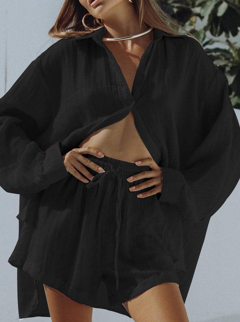 Fixmatti Womens Casual 2 Piece Outfit Set Oversized Sweatsuit Long Sleeve Shirt High Waisted Mini Shorts Black M - Image 5