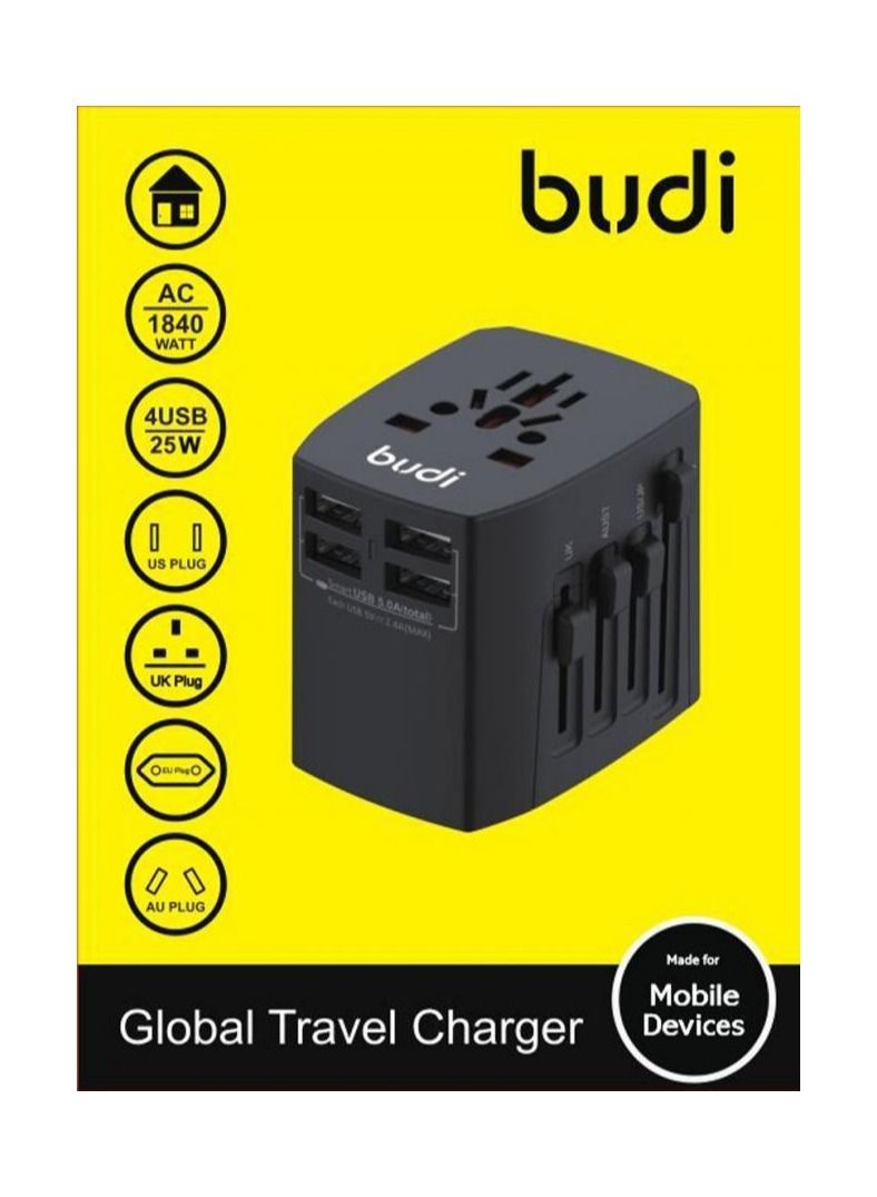 Budi Global Travel Charger with 4 USB + 1 Type C Charging Adapters for Europe, UK, US, AU, JP & MENA - Image 3