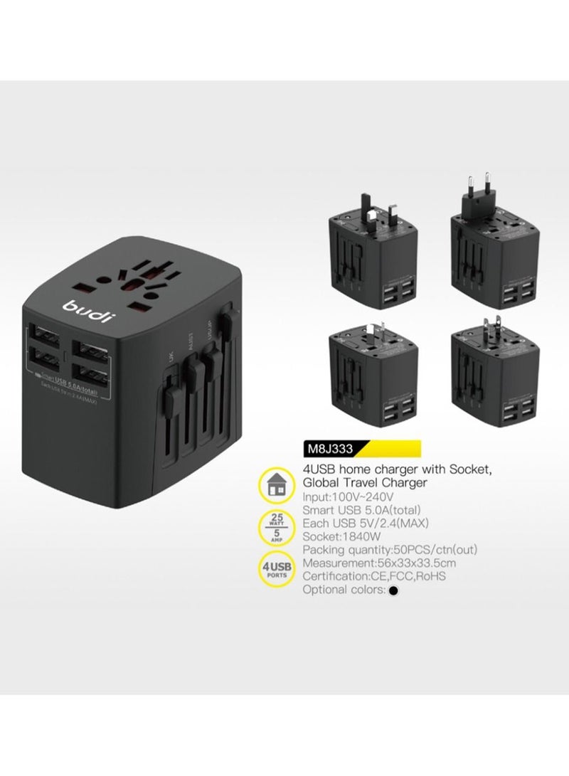 Budi Global Travel Charger with 4 USB + 1 Type C Charging Adapters for Europe, UK, US, AU, JP & MENA - Image 2