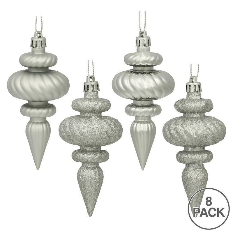 Vickerman 4"" Silver 4-Finish Finial Ornament - Shatterproof Plastic Christmas Tree Decoration - 8 Pack  Silver Shiny  Matte  Glitter and Sequin Finishes - Reliable and Durable - Image 2