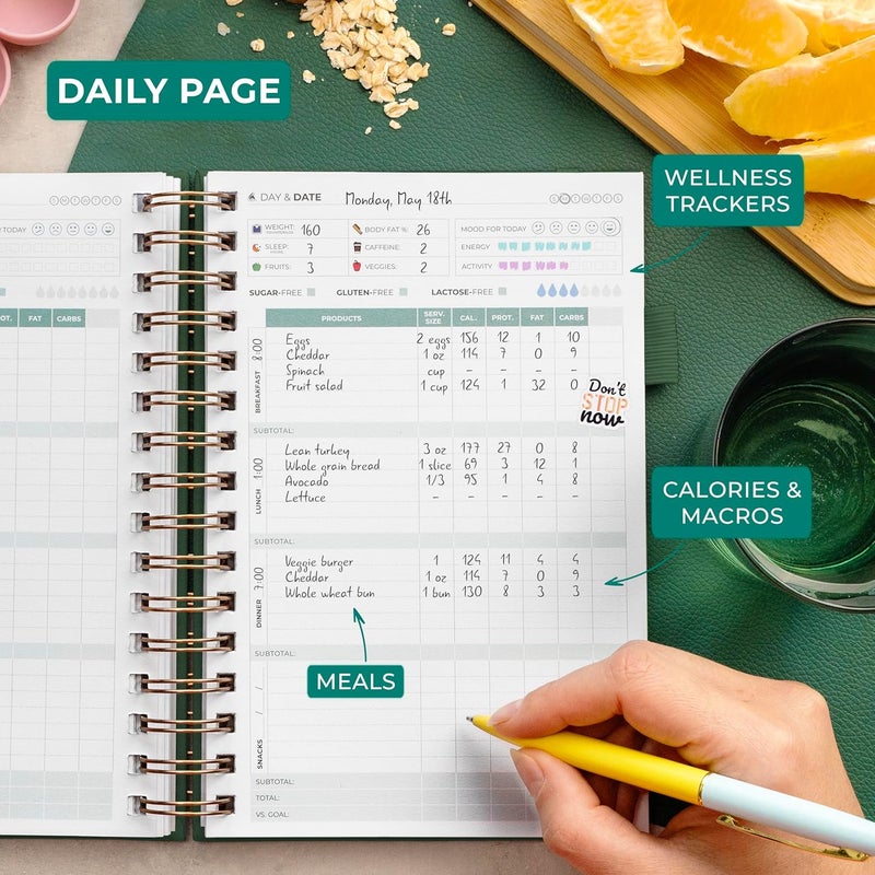 Clever Fox Food Journal Spiral - Daily Food Diary, Meal Prep Planner to Track Calories & Nutrients, Weight Loss Tracker Notebook (Forest Green) - Image 4