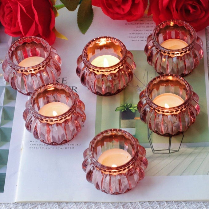 ROSE GOLD TEALIGHT CANDLE HOLDER SET OF 6 FOR VALENTINES DAY DECOR GLASS TEA LIGHTS CANDLE HOLDER FOR WEDDING PARTY VOTIVE CANDLE HOLDERS FOR TABLE CENTERPIECE