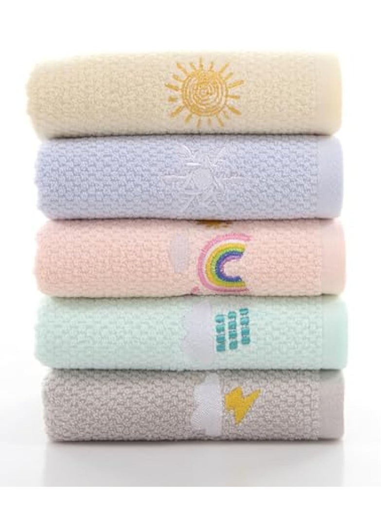 KASTWAVE 5 قطع من مناشف الوجه للأطفال، مناشف وجه ناعمة للأطفال من القطن، مجموعة مناديل وجه لغسل الوجه، مناشف شطف ملونة للأطفال، منشفة قطنية فائقة الامتصاص تجف بسرعة، مناشف يد لتنظيف وجه الطفل - Image 1